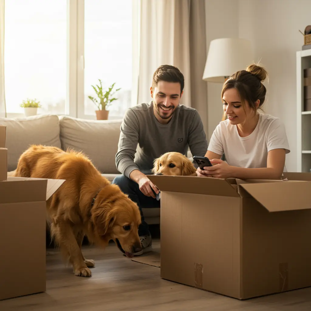 A family preparing with pets.
