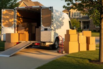 moving van packed with boxes in front of the house