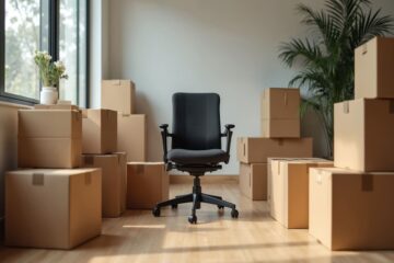 office relocation concept, black office chair in empty room, cardboard boxes stacked ready to move